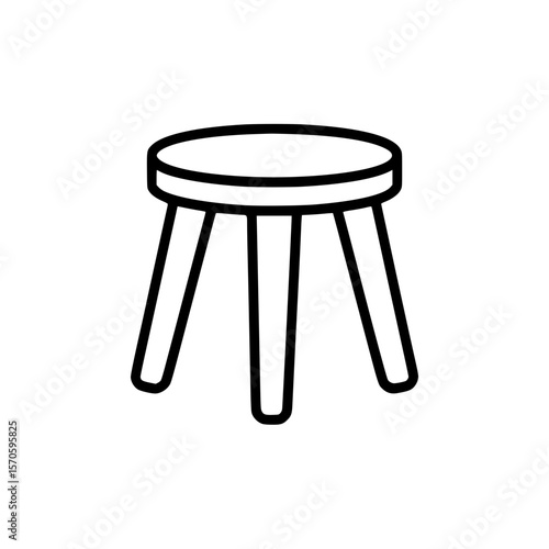 Black line art illustration of a simple three legged stool with round seat