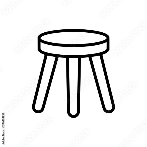 Black line art illustration of a simple three legged stool with round seat
