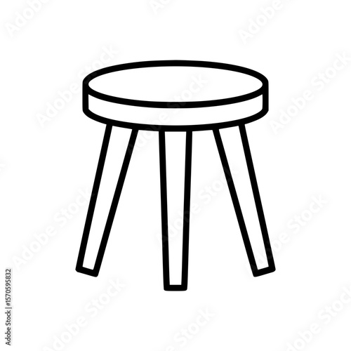 Black line art illustration of a simple three legged stool with round seat