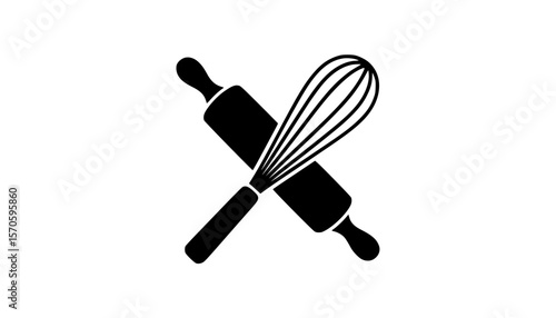 Graphic illustration of baking tools with crossed rolling pin and whisk in black silhouette style