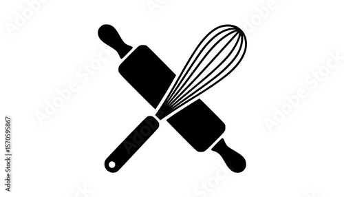 Graphic illustration of baking tools with crossed rolling pin and whisk in black silhouette style