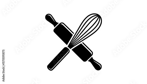 Graphic illustration of baking tools with crossed rolling pin and whisk in black silhouette style