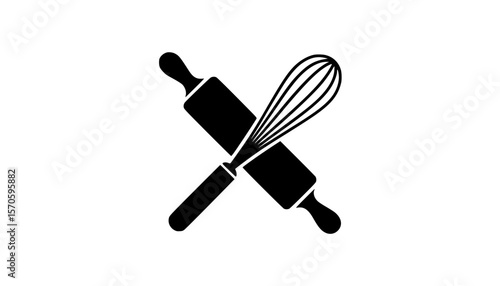 Black silhouette of crossed rolling pin and whisk