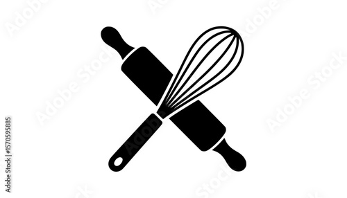 Simple black silhouette of crossed whisk and rolling pin