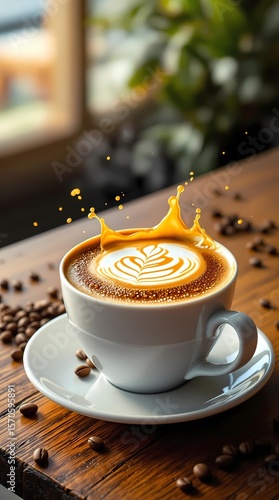  Cup of latte with foam and coffee splashes on wooden table, coffee beans nearby