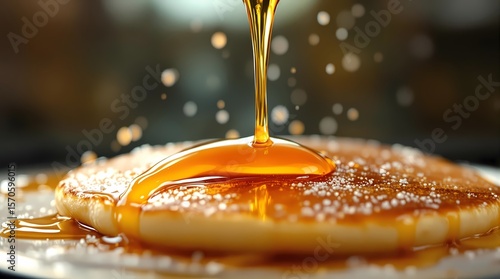  Drops of honey falling on fresh pancakes