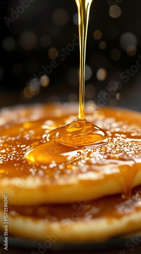  Drops of honey falling on fresh pancakes
