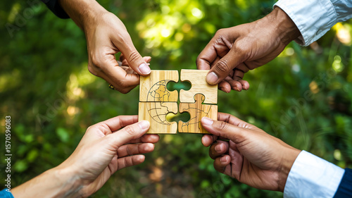 High-angle shot Four hands unite, connecting wooden puzzle pieces over blurred green grass background, symbolizing teamwork