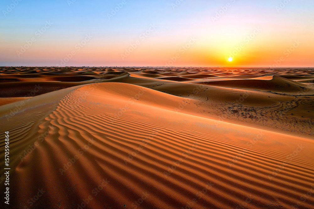 Naklejka premium Serene sunset over flowing beige sand dunes