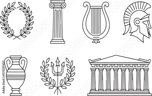 Ancient Greek Mythology & History Outline Icons: Column, Lyre, Temple & Laurel