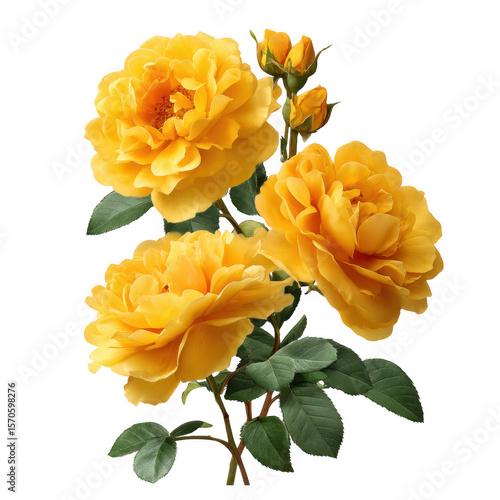 Fototapeta Naklejka Na Ścianę i Meble -  Beautiful yellow roses with buds and green leaves isolated on transparent background