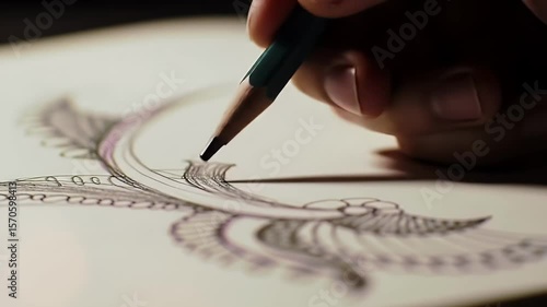 Artist Draws Intricate Design with Pencil, Close-Up Detailed View of Creative Process,  Amazing Hand Skills