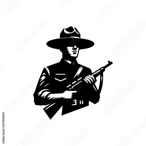 A stylized illustration of a soldier in uniform holding a rifle.