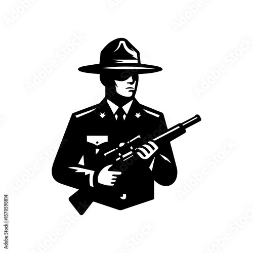 Illustration of a police officer in uniform and hat, holding a rifle with a scope.