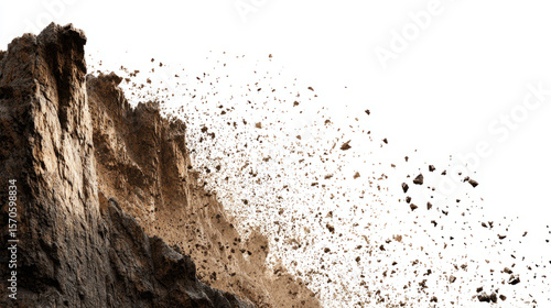 cliff fragments falling off a mountain minimal on white