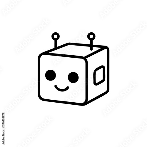Minimalist cube-shaped robot with eyes and antennas, representing a friendly AI assistant or home smart device.