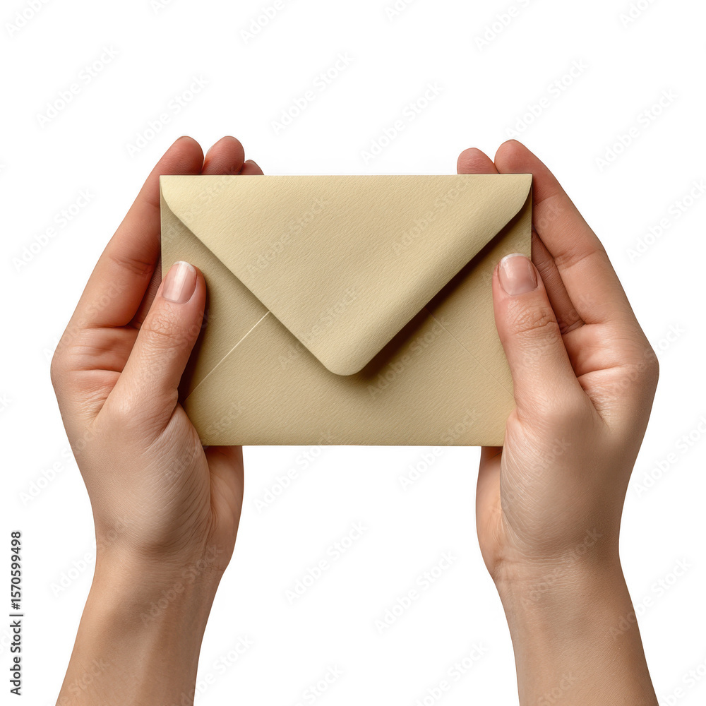 Hands holding a beige envelope isolated on white Hands holding a beige envelope isolated on white