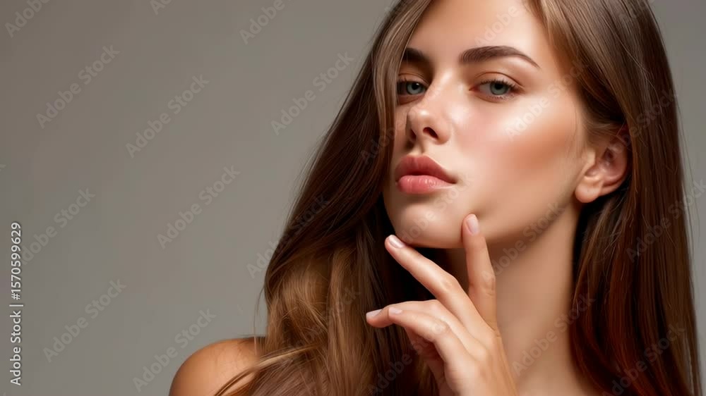 Elegant Woman with Long Wavy and smooth Brown Hair and Flawless Skin Gently Touching Her Face Exuding Grace and Serenity, hair salon Elegant Woman with Long Wavy and smooth Brown Hair and Flawless Skin Gently Touching Her Face Exuding Grace and Serenity, hair salon