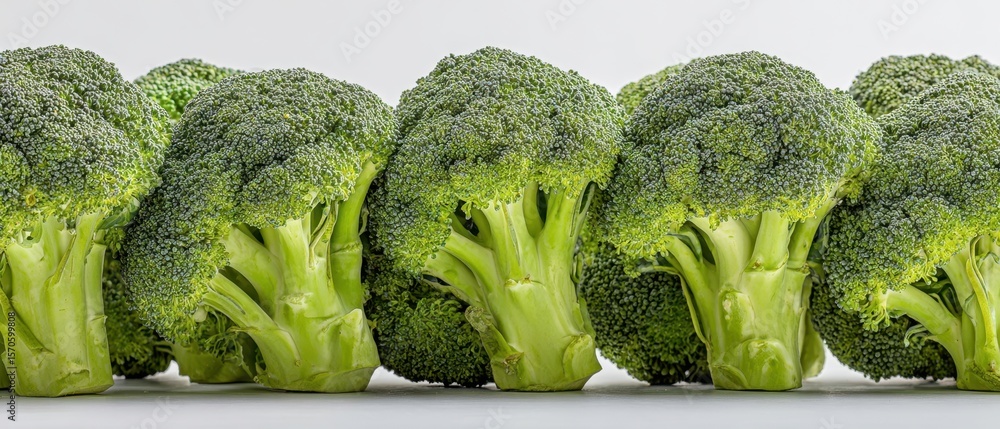 The vibrant green broccoli arranged in a row showcasing its freshness and health benefits. The vibrant green broccoli arranged in a row showcasing its freshness and health benefits.