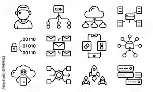 Technology icons illustrating cloud computing email marketing data security and digital innovation