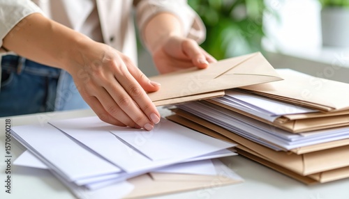 Woman Sorting Envelopes And Documents On A Table