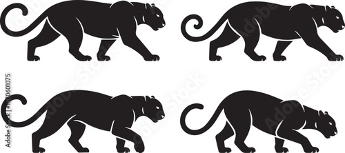 Four black panther silhouettes in walking poses isolated on white background