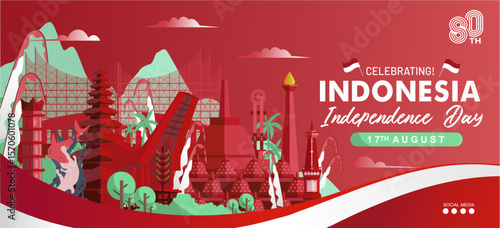 Red white vibrant 80th years Indonesia Independence day 2025 horizontal banner design with beautiful 3D Indonesian landmarks. Best for Dirgahayu RI 80 banner, background, poster, template, backdrop. 