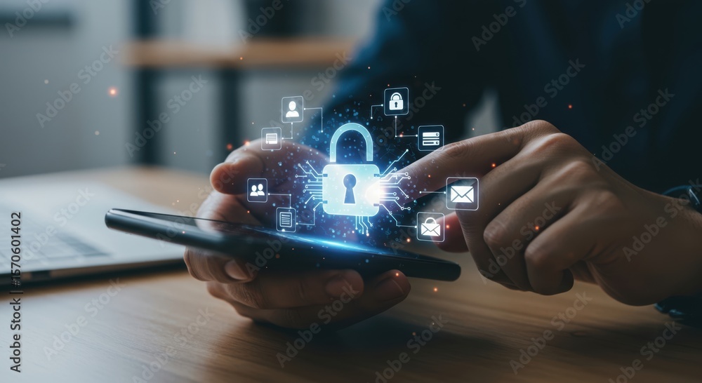 Fototapeta premium Modern digital security concept with a glowing padlock and network icons displayed over a smartphone being held by hands