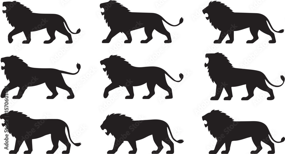 Obraz premium Nine roaring lion silhouettes set