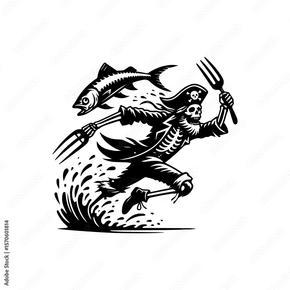 Obraz premium A skeletal pirate, running with a fish and forks, amidst splashing water.