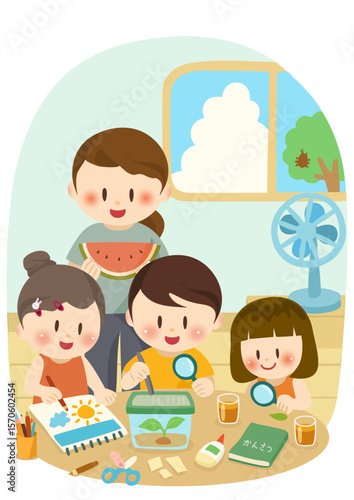 自由研究に取り組む夏の日の子どもたち、Kids Doing Summer Science Projects 