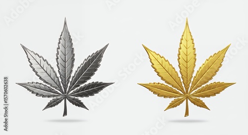 Two stylized cannabis leaves one gold one grayscale