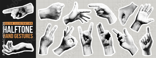 Vintage dotted halftone hand gesture, human arm sign, finger touch, click or tap and pointing sticker collage. Y2k retro newspaper cutout, comic magazine doodle art, torn grunge paper label and icon.