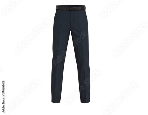 Crisply pressed men's formal trousers in a deep blue hue, complete with a smart black leather belt.