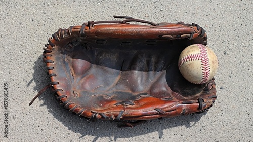 Catch a Game Ball with old mitt and a Baseball under the Bright Sunshine