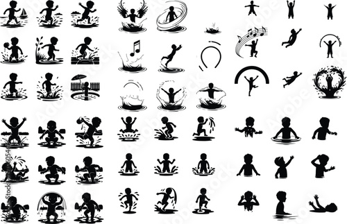 Kid Playing in Water Icon Pack – Silhouette Vector for Summer Joy Boy Splashing Water Silhouette Set – Fun Summer Activity Icons