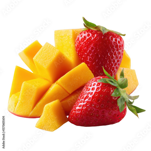 Freshly cut mango cubes and ripe strawberries isolated on transparent background