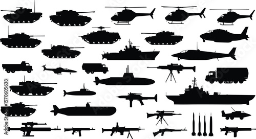 Military equipment silhouette sketch, tanks and helicopters illustration, aircraft and artillery layout design, defense transport vector template, cad drawing flat vector illustration