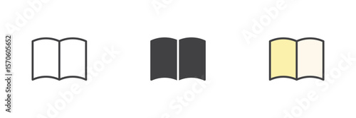 Wide open book icon set in line, solid and filled outline style
