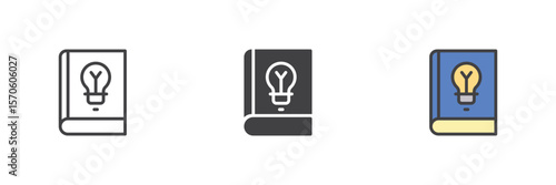 Idea lightbulb book icon set in line, solid and filled outline style