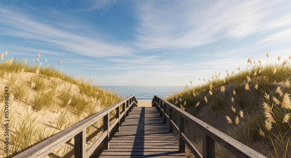 Naklejka premium Serene Beach Boardwalk: Wooden Path Through Dunes to Ocean Horizon
