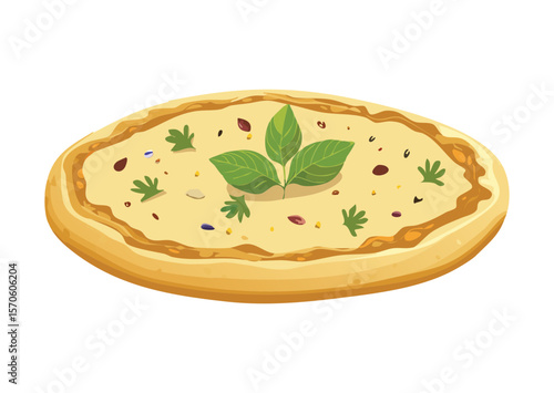 Light Flatbread with Green Basil Leaves - Vector Illustration