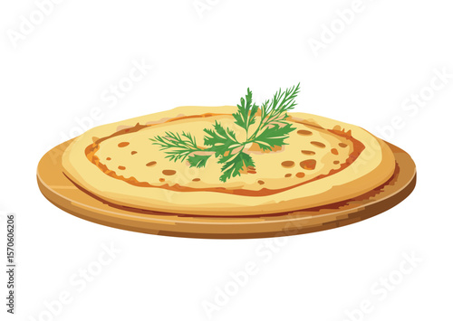 Golden Flatbread Topped with Fresh Green Herbs - Vector Illustration