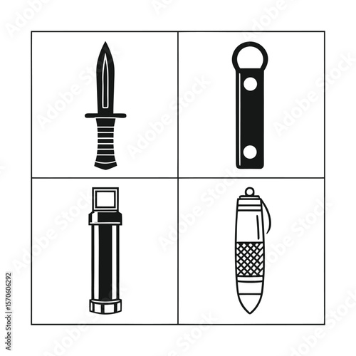 Survival Tools Silhouette Set – Camping Knife, Firestarter, Multi-tool & Whistle in Grid Layout
