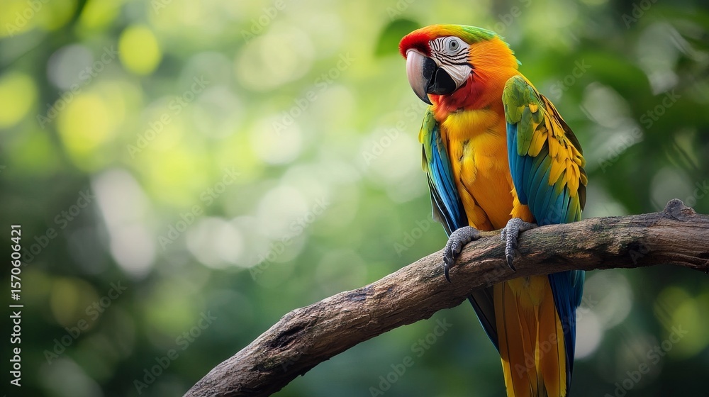 Obraz premium A vibrant blue and gold macaw perched on a branch with a blurred green background.
