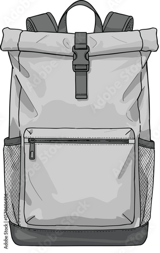CAD drawing flat vector illustration, roll-top backpack design, buckle closure, travel gear, mesh side pockets, front zipper, school accessory, black outline, editable sketch