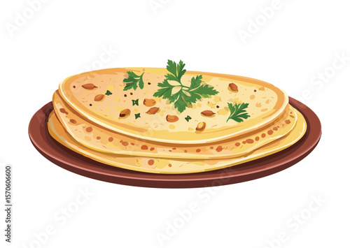 Stack of Golden Flatbreads with Green Herbs - Vector Illustration