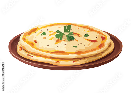 Stack of Toasted Flatbreads with Parsley Sprig - Vector Illustration