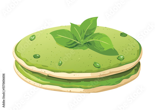 Green Flatbread with Fresh Mint Leaf Topping - Vector Illustration