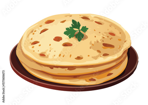 Stack of Delicious Flatbread with Fresh Herbs - Vector Illustration